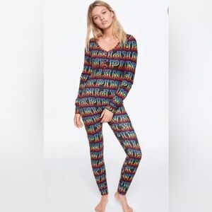 PINK Victoria’s Secret Rainbow Graphic Long Jane Thermal Onesie Pajamas Size XS